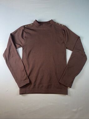 Women's Brown Ribbed Long Sleeve Shirt Gold Shoulder Button Detail